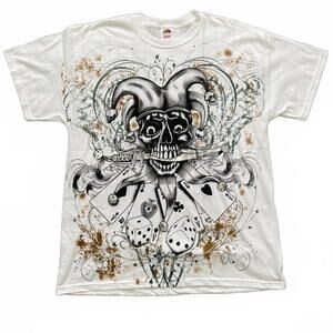 Y2K Affliction Like Jester With Dagger & Dice Graphic White T-Shirt Men's Sz XL
